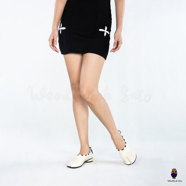 WoodchuckSato Ivory white Leather Tabi Mary Jane Heels with Black Rope Trim