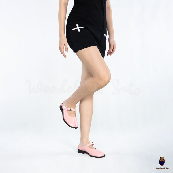 WoodchuckSato Pink Edge-Beaded Cowhide Leather Tabi Mary Jane Mules