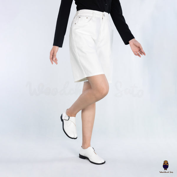 WoodchuckSato White Edge-Beaded Cowhide Leather Tabi Monk Strap Shoes