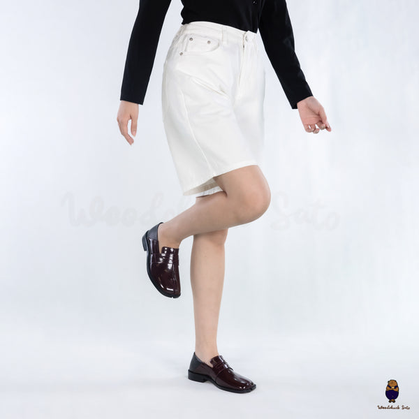 WoodchuckSato Burgundy Fold-Heel Edge-Beaded Cowhide Leather Penny Strap Tabi Loafers