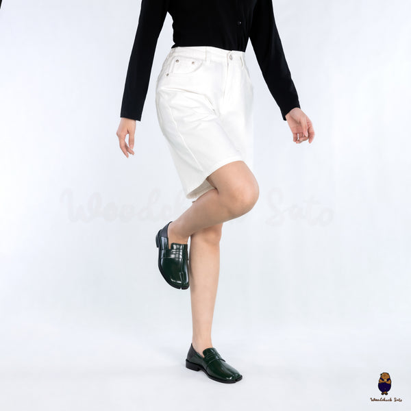 WoodchuckSato Forest Green Fold-Heel Edge-Beaded Cowhide Leather Penny Strap Tabi Loafers