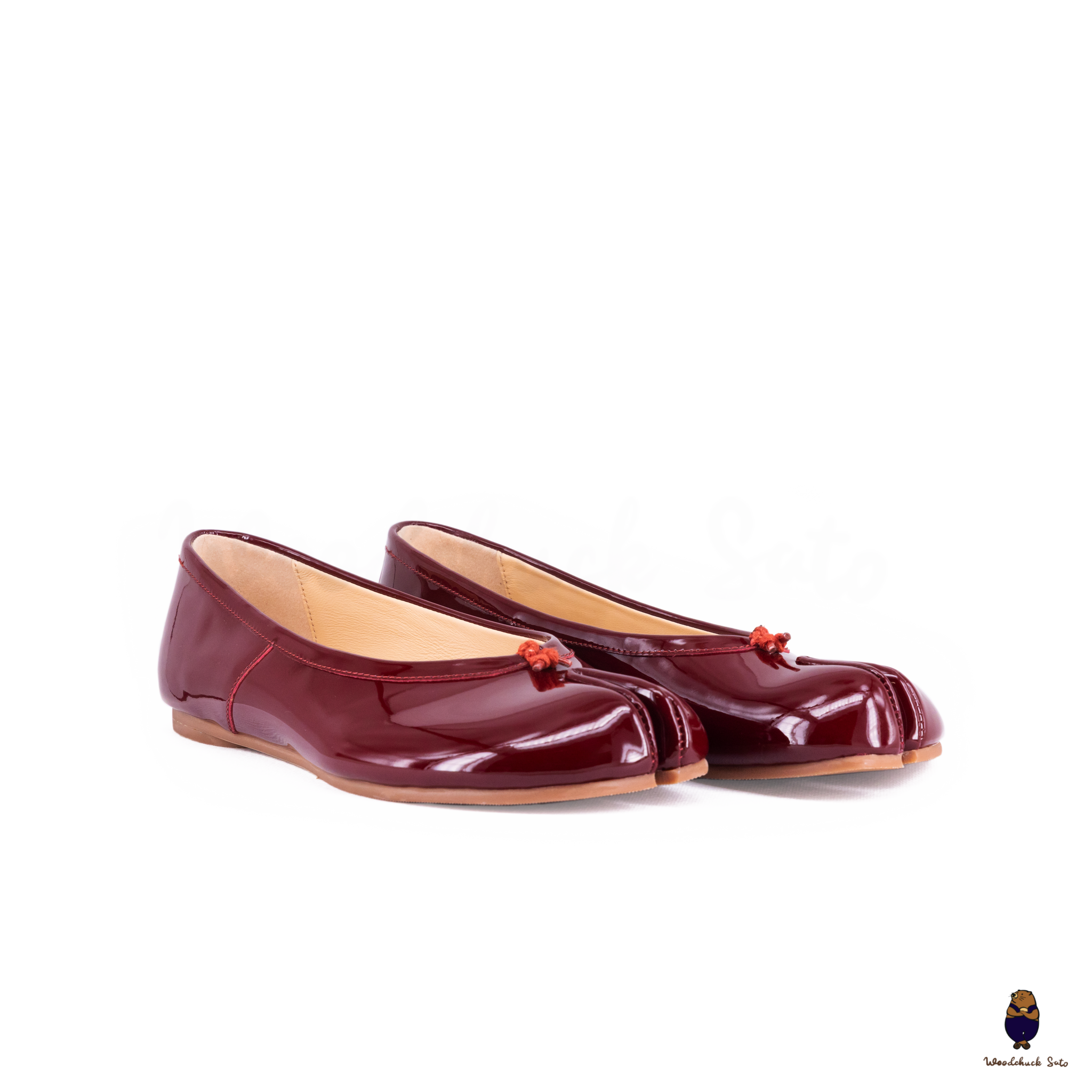 WoodChuckSato Women's Men's Burgundy Tabi Split-Toe Leather Ballet Flats