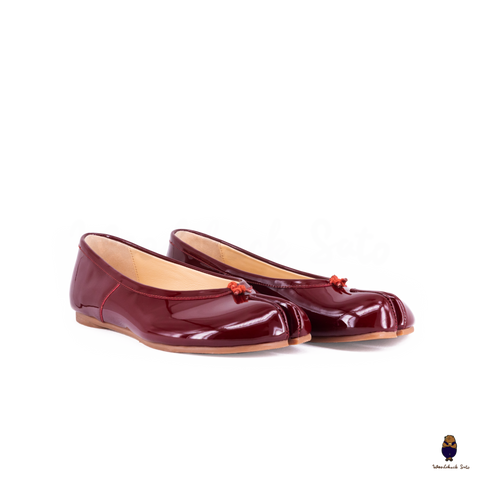 WoodChuckSato Women's Men's Burgundy Tabi Split-Toe Leather Ballet Flats