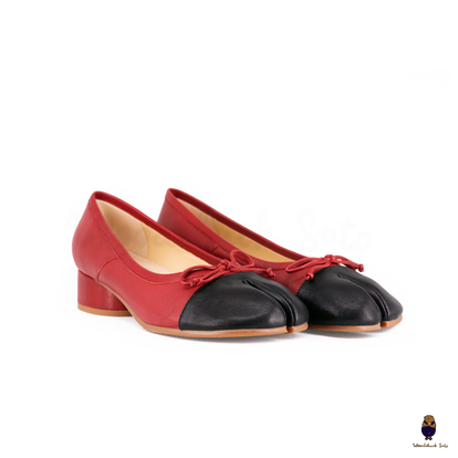WoodChuckSato Two-Tone Tabi Ballet Heels Red & Black Sheep Leather 3cm