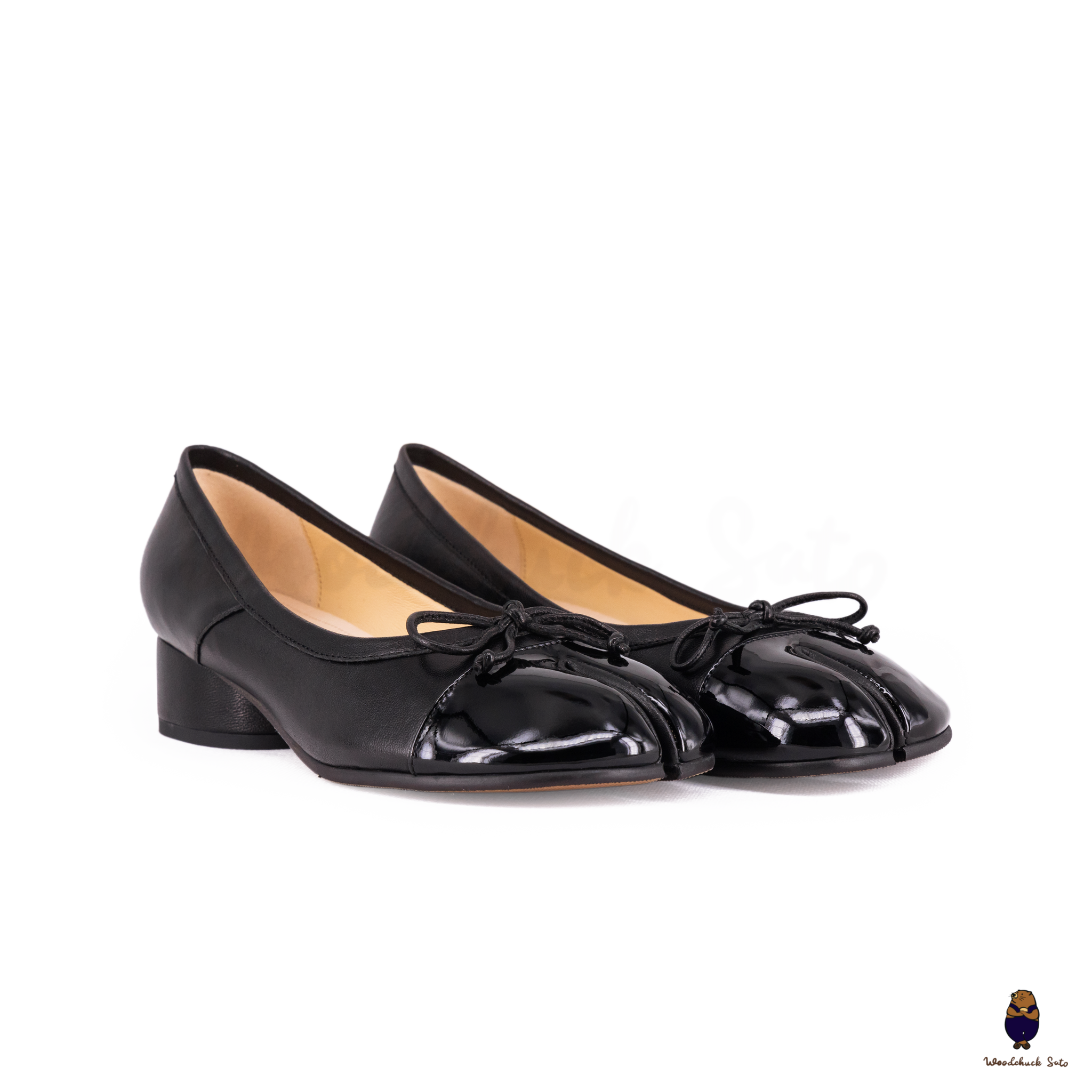 WoodChuckSato Women's Black Tabi Split-Toe Sheep Leather and Patent Leather Mary Jane Shoes with 3cm Heel & Bow Sizes EU 35-45