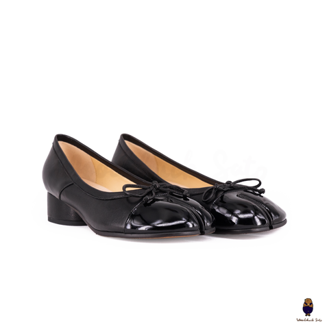 WoodChuckSato Women's Black Tabi Split-Toe Sheep Leather and Patent Leather Mary Jane Shoes with 3cm Heel & Bow Sizes EU 35-45