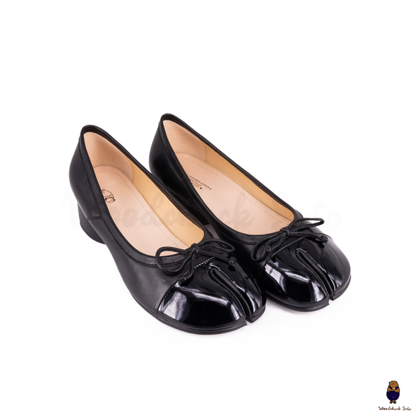 WoodChuckSato Women's Black Tabi Split-Toe Sheep Leather and Patent Leather Mary Jane Shoes with 3cm Heel & Bow Sizes EU 35-45