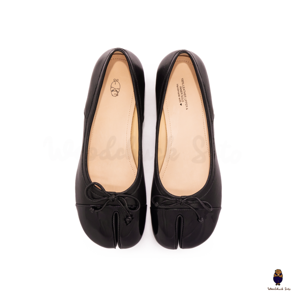 WoodChuckSato Women's Black Tabi Split-Toe Sheep Leather and Patent Leather Mary Jane Shoes with 3cm Heel & Bow Sizes EU 35-45