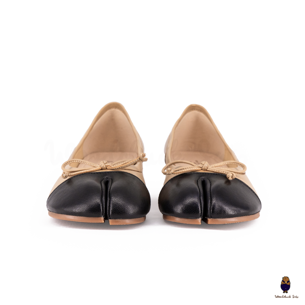 WoodChuckSato Two-Tone Tabi Ballet Heels Beige and Black Sheep Leather 3cm Heel with Bow