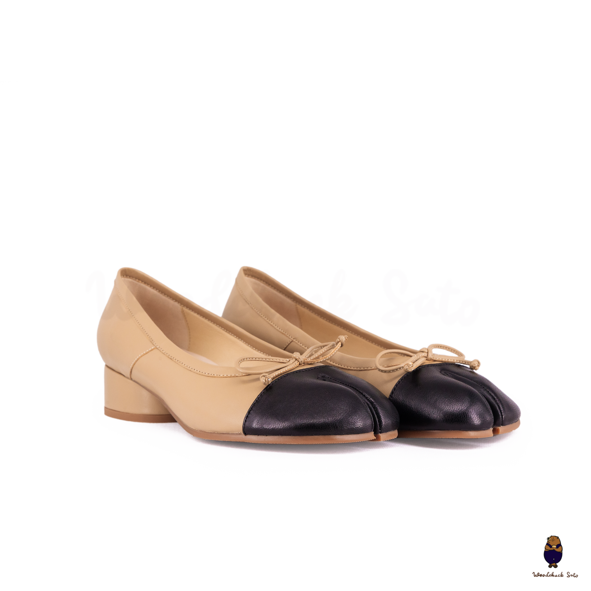 WoodChuckSato Two-Tone Tabi Ballet Heels Beige and Black Sheep Leather 3cm Heel with Bow