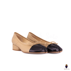 WoodChuckSato Two-Tone Tabi Ballet Heels Beige and Black Sheep Leather 3cm Heel with Bow