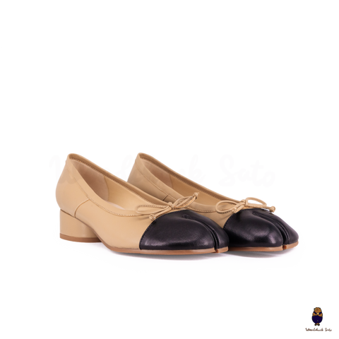 WoodChuckSato Women's Beige and Black Tabi Split-Toe Sheep Leather Mary Jane Shoes with 3cm Heel & Bow Sizes EU 35-45