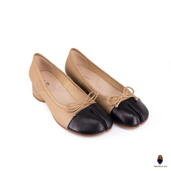 WoodChuckSato Two-Tone Tabi Ballet Heels Beige and Black Sheep Leather 3cm Heel with Bow