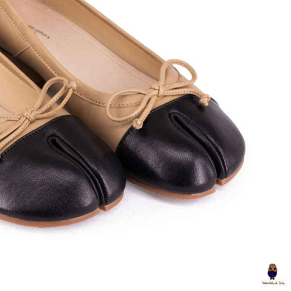 WoodChuckSato Two-Tone Tabi Ballet Heels Beige and Black Sheep Leather 3cm Heel with Bow