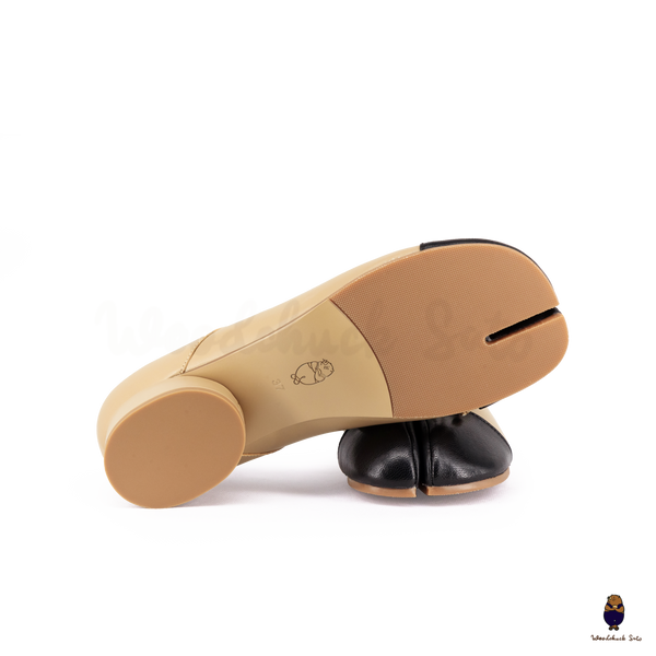 WoodChuckSato Two-Tone Tabi Ballet Heels Beige and Black Sheep Leather 3cm Heel with Bow