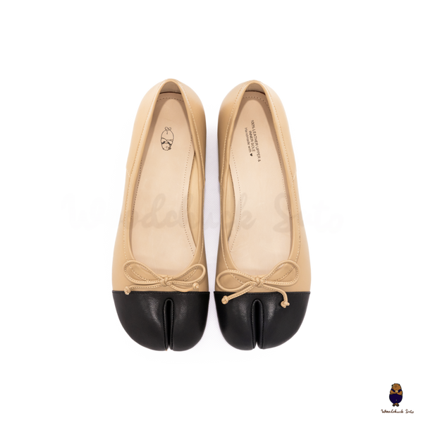 WoodChuckSato Two-Tone Tabi Ballet Heels Beige and Black Sheep Leather 3cm Heel with Bow