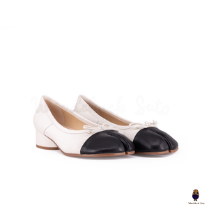 WoodChuckSato Women's White and Black Tabi Split-Toe Sheep Leather Mary Jane Shoes with 3cm Heel & Bow Sizes EU 35-45