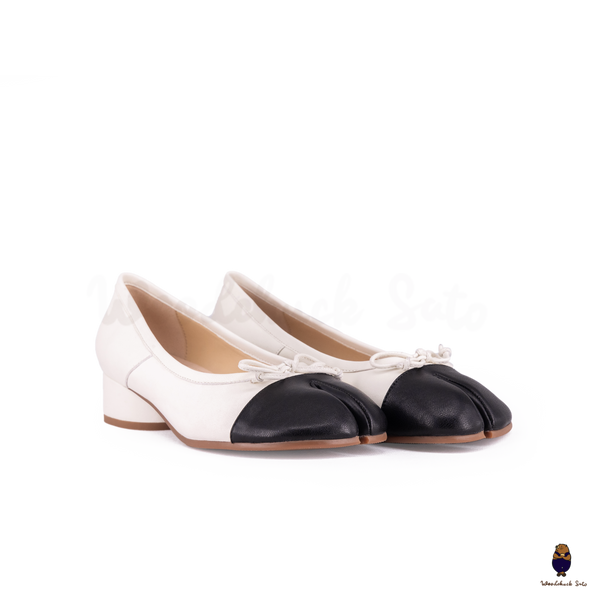 WoodChuckSato Women's White and Black Tabi Split-Toe Sheep Leather Mary Jane Shoes with 3cm Heel & Bow Sizes EU 35-45