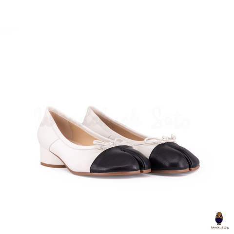 WoodChuckSato Women's White and Black Tabi Split-Toe Sheep Leather Mary Jane Shoes with 3cm Heel & Bow Sizes EU 35-45