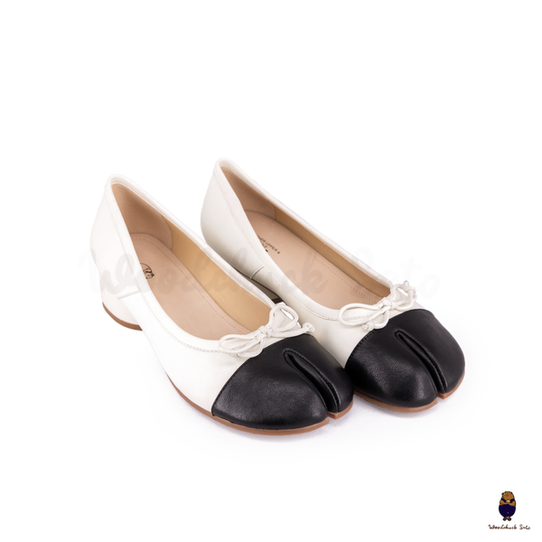 WoodChuckSato Women's White and Black Tabi Split-Toe Sheep Leather Mary Jane Shoes with 3cm Heel & Bow Sizes EU 35-45