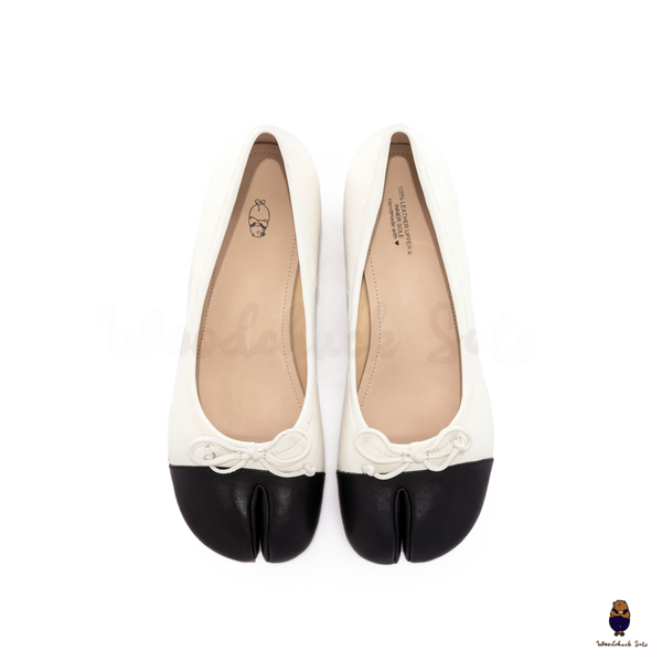 WoodChuckSato Women's White and Black Tabi Split-Toe Sheep Leather Mary Jane Shoes with 3cm Heel & Bow Sizes EU 35-45