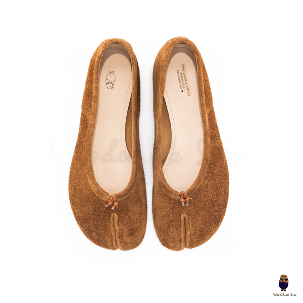 WoodChuckSato Women's Men's Brown Tabi Split-Toe Cow Suede Leather Ballet Flats Sizes EU 35-45