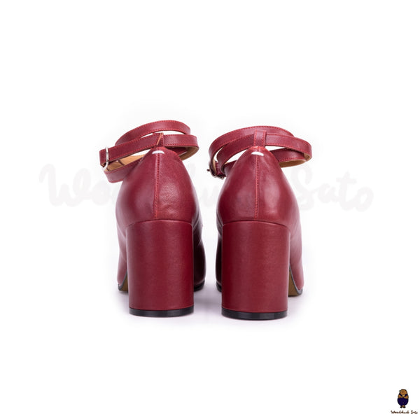 WoodChuckSato Zapatos de tacón Mary Jane de cuero con puntera dividida Tabi en color burdeos, tacones de 8 cm y hebilla con correa en el tobillo, tallas EU 35-41