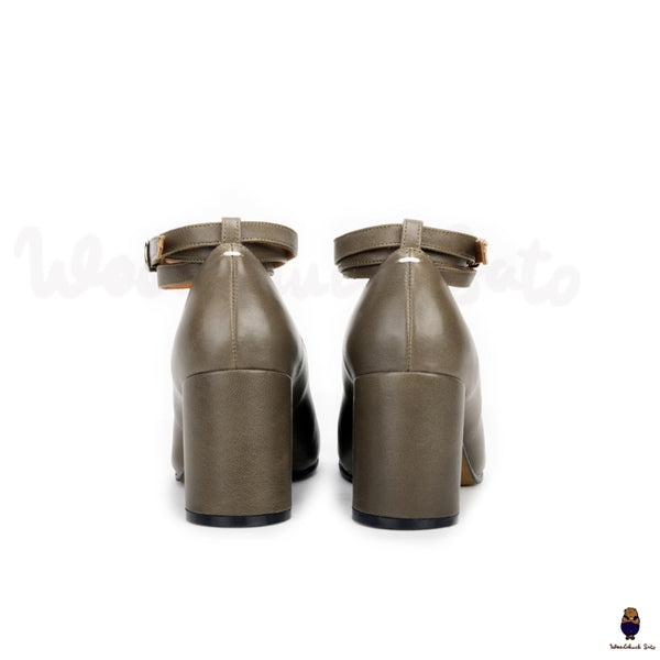WoodChuckSato Olivgrüne Tabi-Mary-Jane-Pumps aus gespaltenem Leder mit 8 cm hohen Absätzen und Knöchelriemenschnalle, Größen EU 35–41