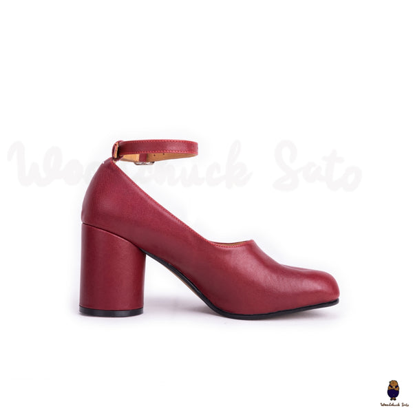 WoodChuckSato Zapatos de tacón Mary Jane de cuero con puntera dividida Tabi en color burdeos, tacones de 8 cm y hebilla con correa en el tobillo, tallas EU 35-41