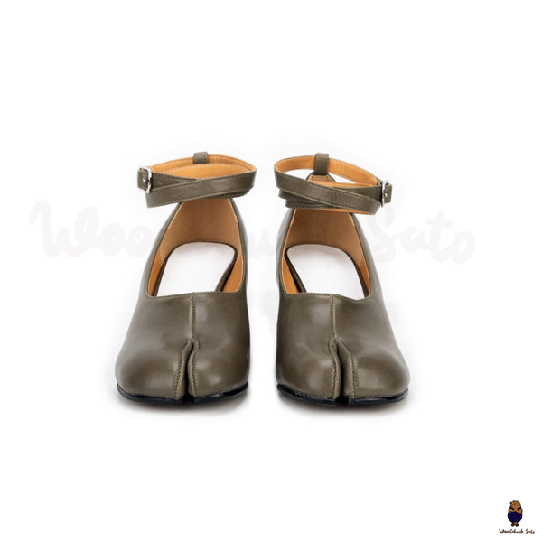WoodChuckSato Olivgrüne Tabi-Mary-Jane-Pumps aus gespaltenem Leder mit 8 cm hohen Absätzen und Knöchelriemenschnalle, Größen EU 35–41