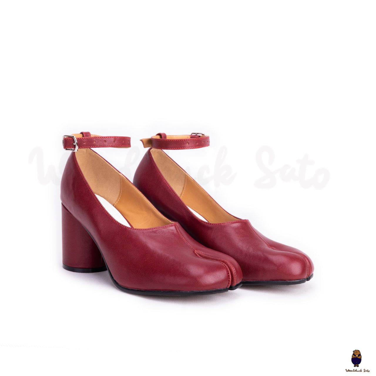 WoodChuckSato Zapatos de tacón Mary Jane de cuero con puntera dividida Tabi en color burdeos, tacones de 8 cm y hebilla con correa en el tobillo, tallas EU 35-41