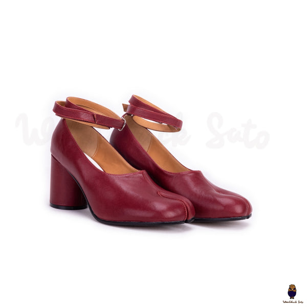 WoodChuckSato Zapatos de tacón Mary Jane de cuero con puntera dividida Tabi en color burdeos, tacones de 8 cm y hebilla con correa en el tobillo, tallas EU 35-41