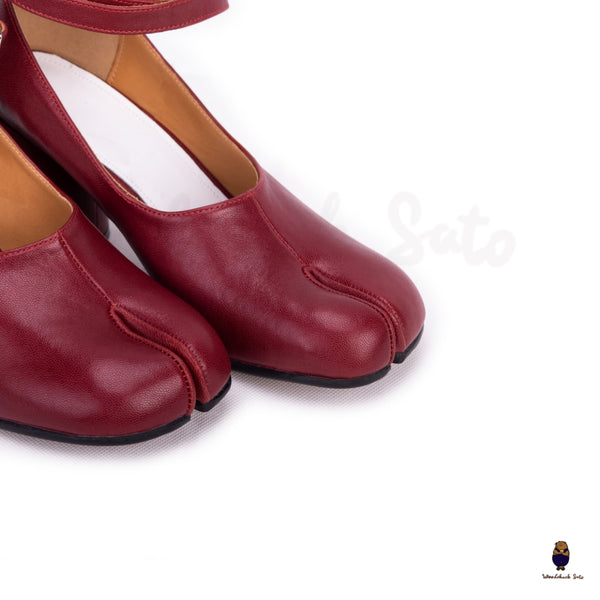 WoodChuckSato Zapatos de tacón Mary Jane de cuero con puntera dividida Tabi en color burdeos, tacones de 8 cm y hebilla con correa en el tobillo, tallas EU 35-41
