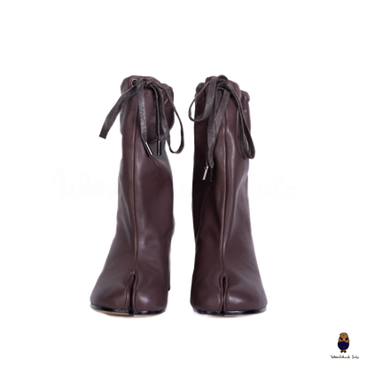 WoodchuckSato Mocha Brown Cow Leather Drawstring Tabi Ankle Boots