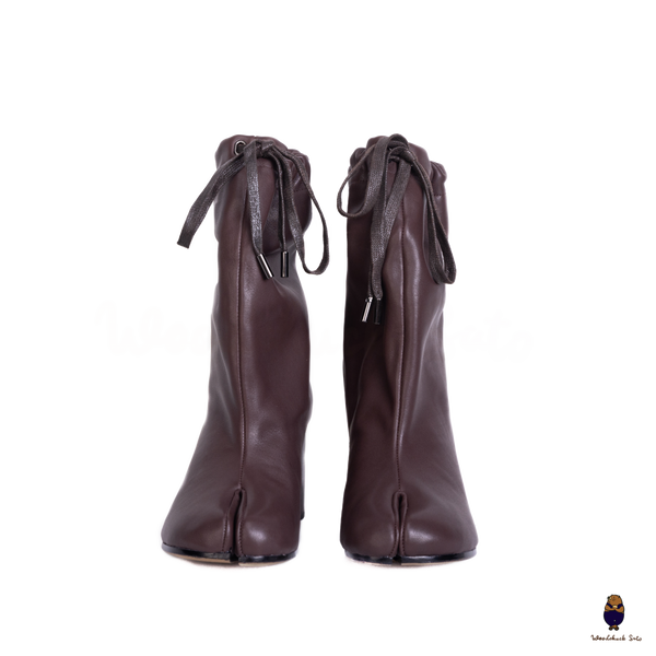 WoodchuckSato Tabi Split-Toe Drawstring Leather Boots Mocha Brown 8cm Heel