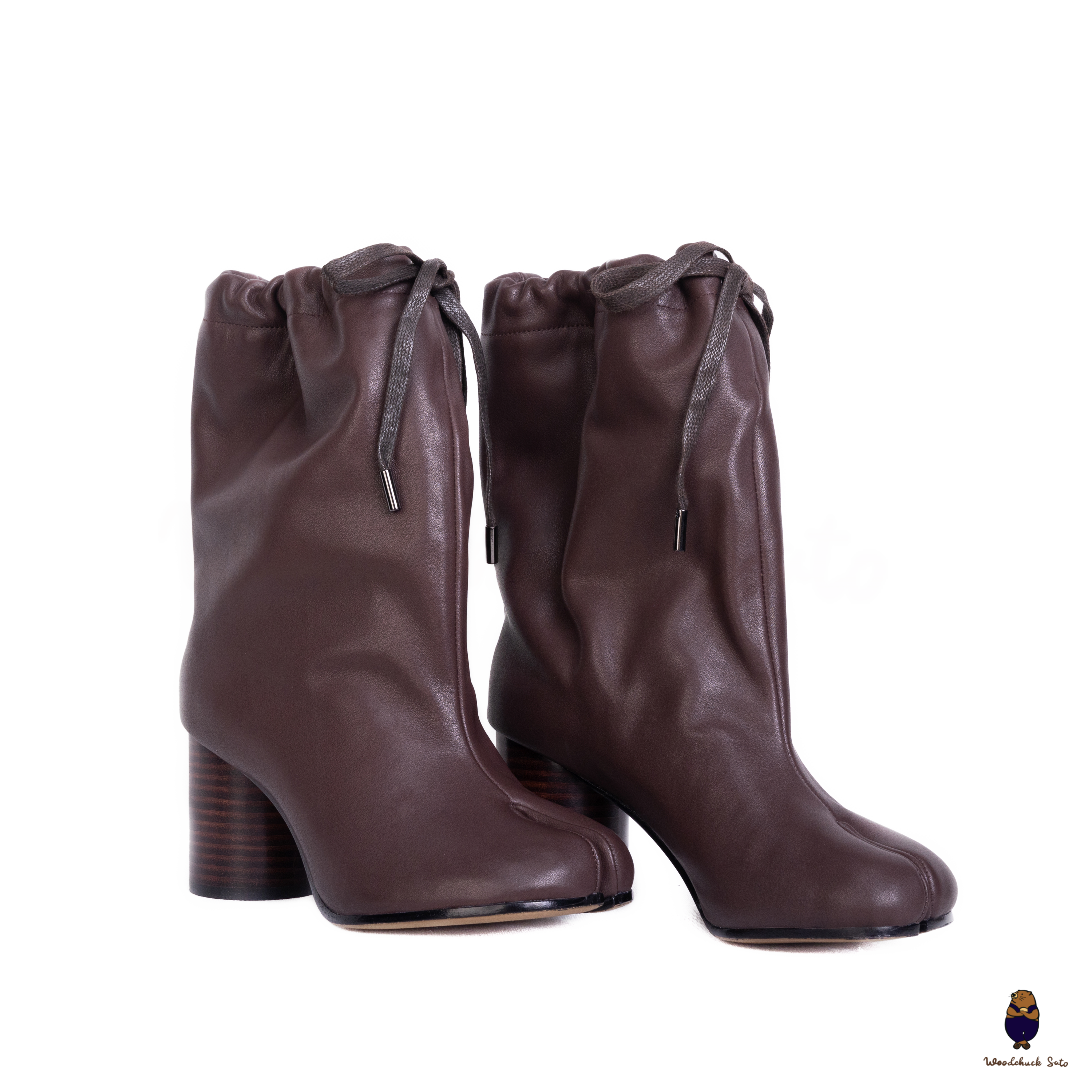WoodchuckSato Mocha Brown Cow Leather Drawstring Tabi Ankle Boots WoodchuckSato Mocha Brown Cow Leather Drawstring Tabi Ankle Boots