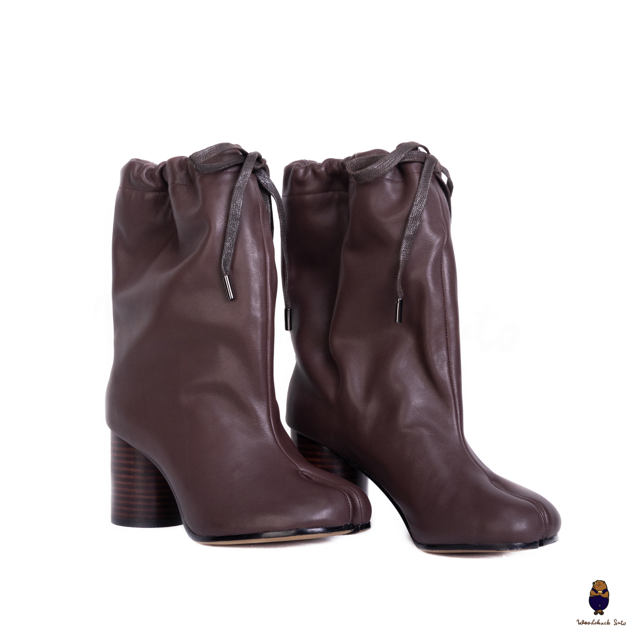 WoodchuckSato Tabi Split-Toe Drawstring Leather Boots Mocha Brown 8cm Heel