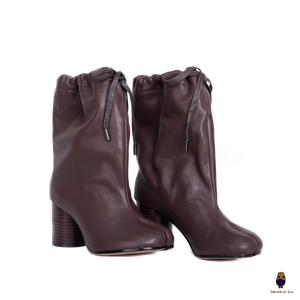 WoodchuckSato Tabi Split-Toe Drawstring Leather Boots Mocha Brown 8cm Heel