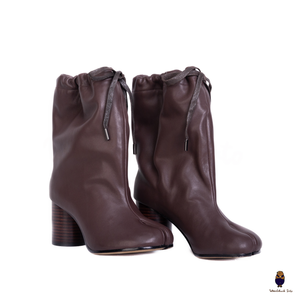 WoodchuckSato Tabi Split-Toe Drawstring Leather Boots Mocha Brown 8cm Heel