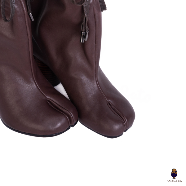 WoodchuckSato Tabi Split-Toe Drawstring Leather Boots Mocha Brown 8cm Heel