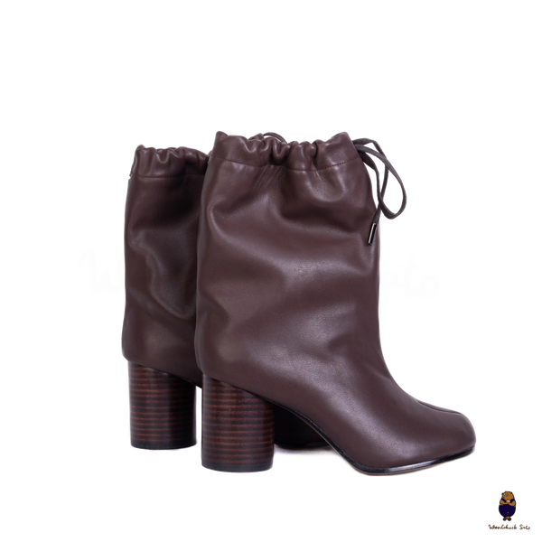 WoodchuckSato Tabi Split-Toe Drawstring Leather Boots Mocha Brown 8cm Heel