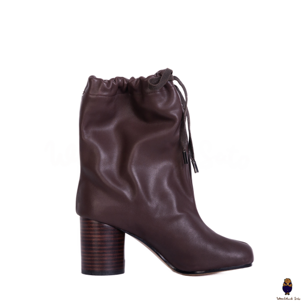 WoodchuckSato Tabi Split-Toe Drawstring Leather Boots Mocha Brown 8cm Heel