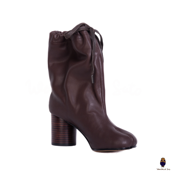 WoodchuckSato Tabi Split-Toe Drawstring Leather Boots Mocha Brown 8cm Heel