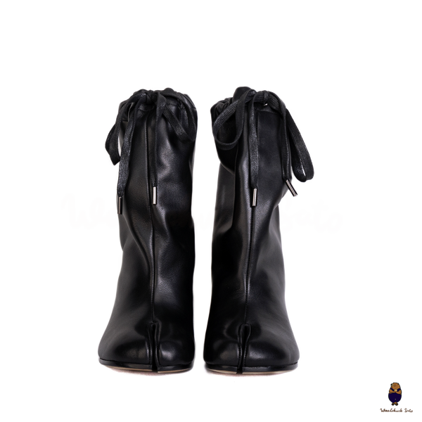 WoodchuckSato Tabi Drawstring Ankle Boots Black Cow Leather 8cm Heel