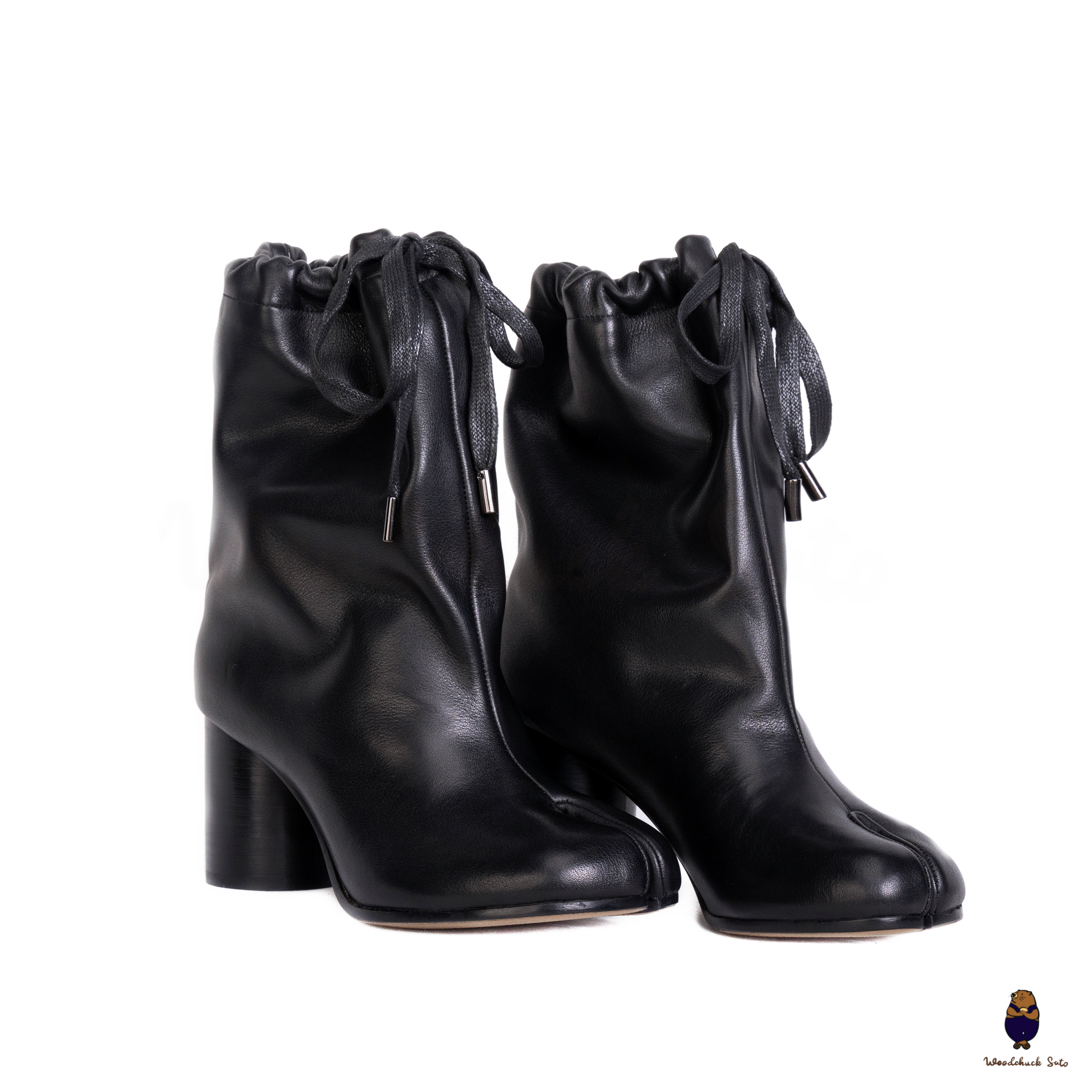 WoodchuckSato Tabi Drawstring Ankle Boots Black Cow Leather 8cm Heel
