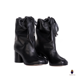 WoodchuckSato Tabi Drawstring Ankle Boots Black Cow Leather 8cm Heel