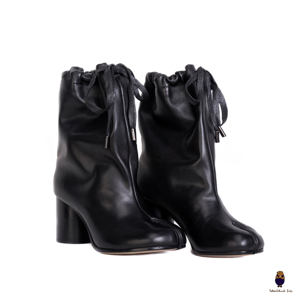 WoodchuckSato Tabi Drawstring Ankle Boots Black Cow Leather 8cm Heel