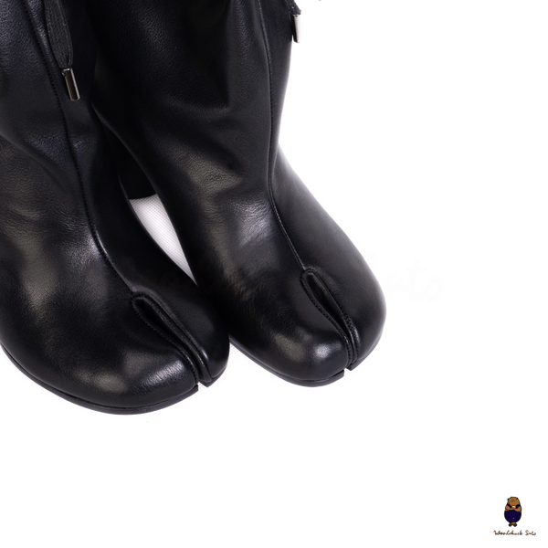 WoodchuckSato Tabi Drawstring Ankle Boots Black Cow Leather 8cm Heel