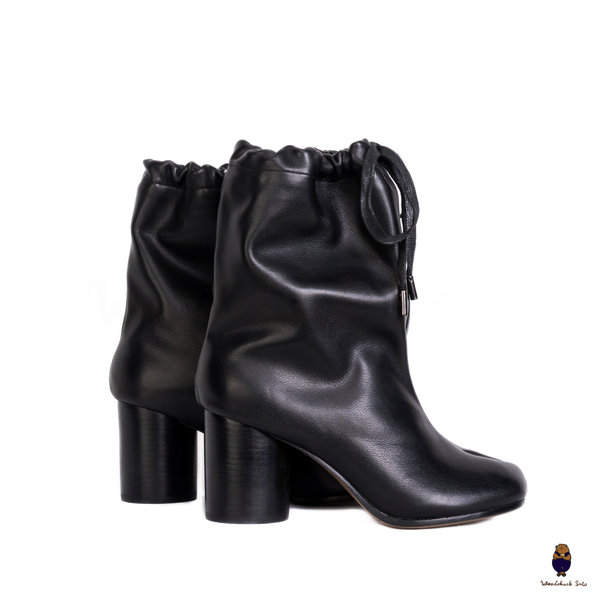 WoodchuckSato Tabi Drawstring Ankle Boots Black Cow Leather 8cm Heel