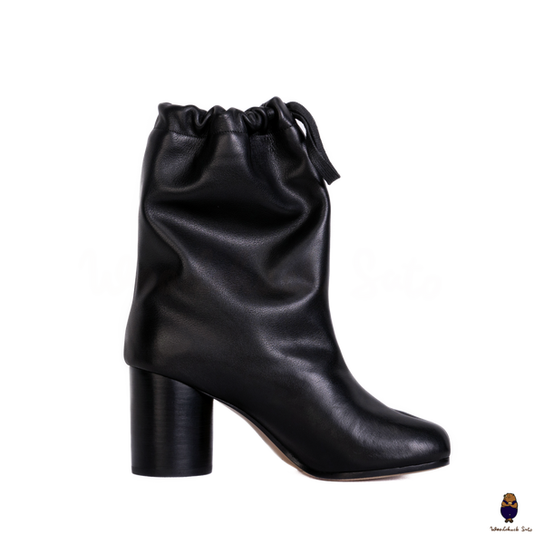 WoodchuckSato Tabi Drawstring Ankle Boots Black Cow Leather 8cm Heel